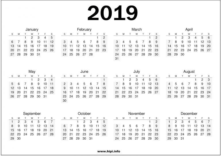 2019 Calendar Printable in One Page