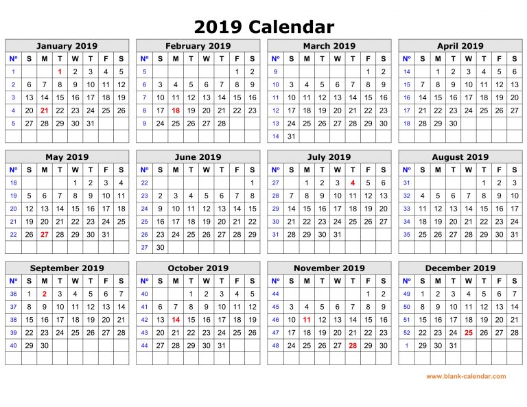 printable yearly 2019 calendar