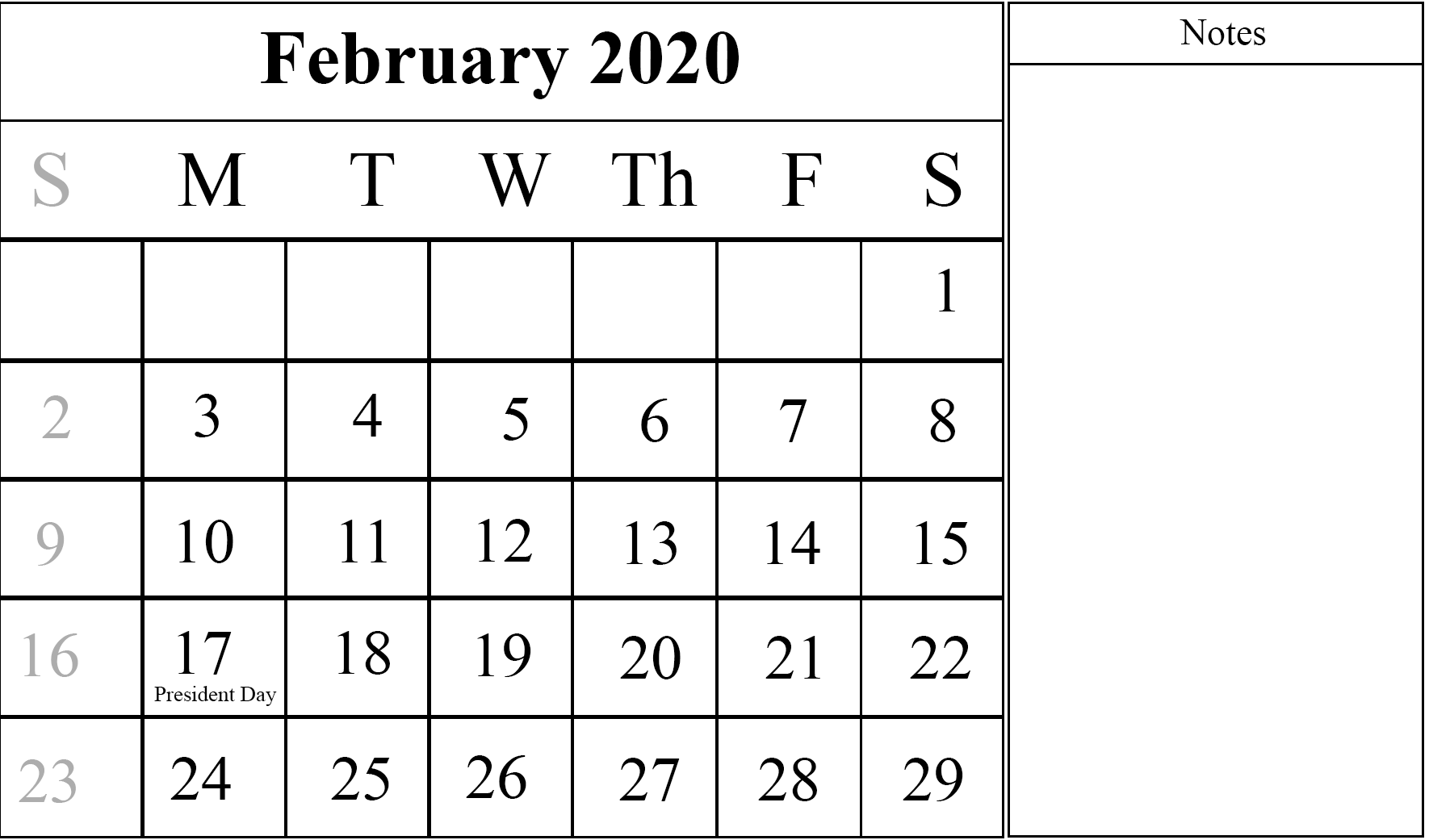 February Calendar 2020 Printable