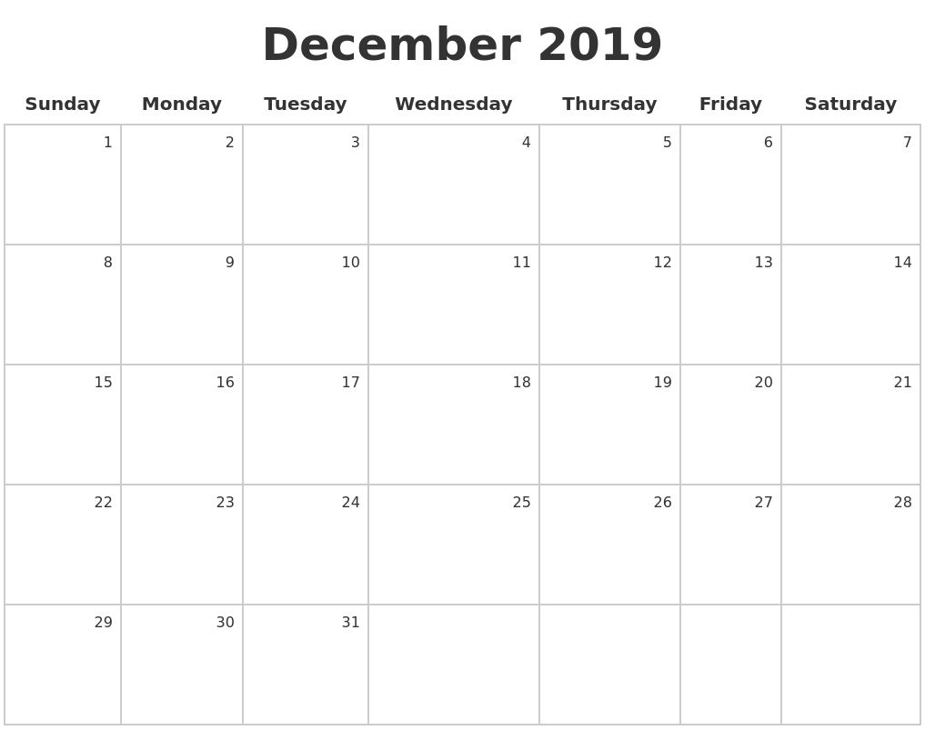 Calendar For December 2019