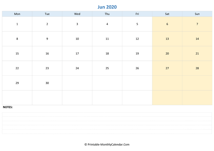 Calendar For June 2020