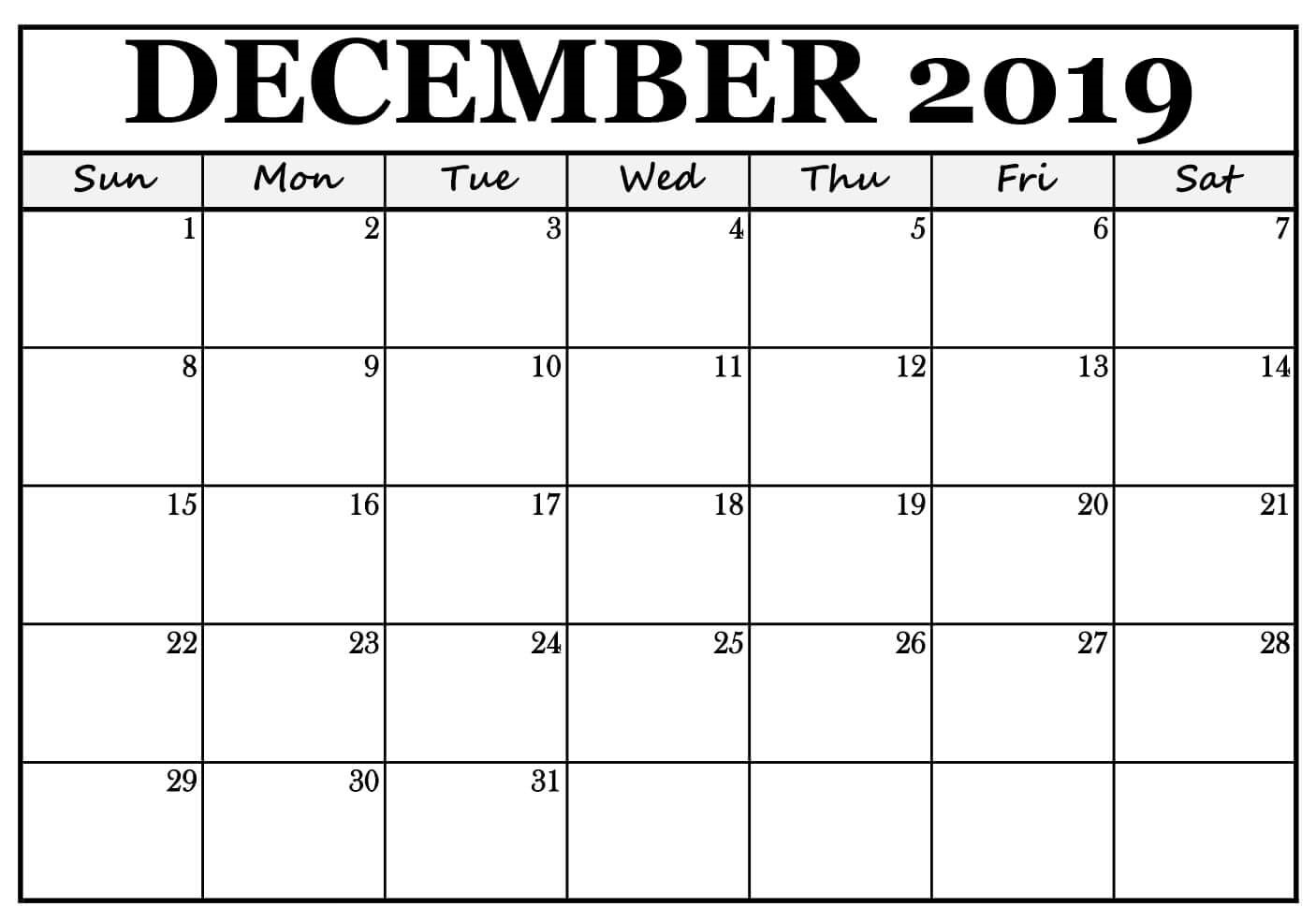 December 2019 Calendar Free Template