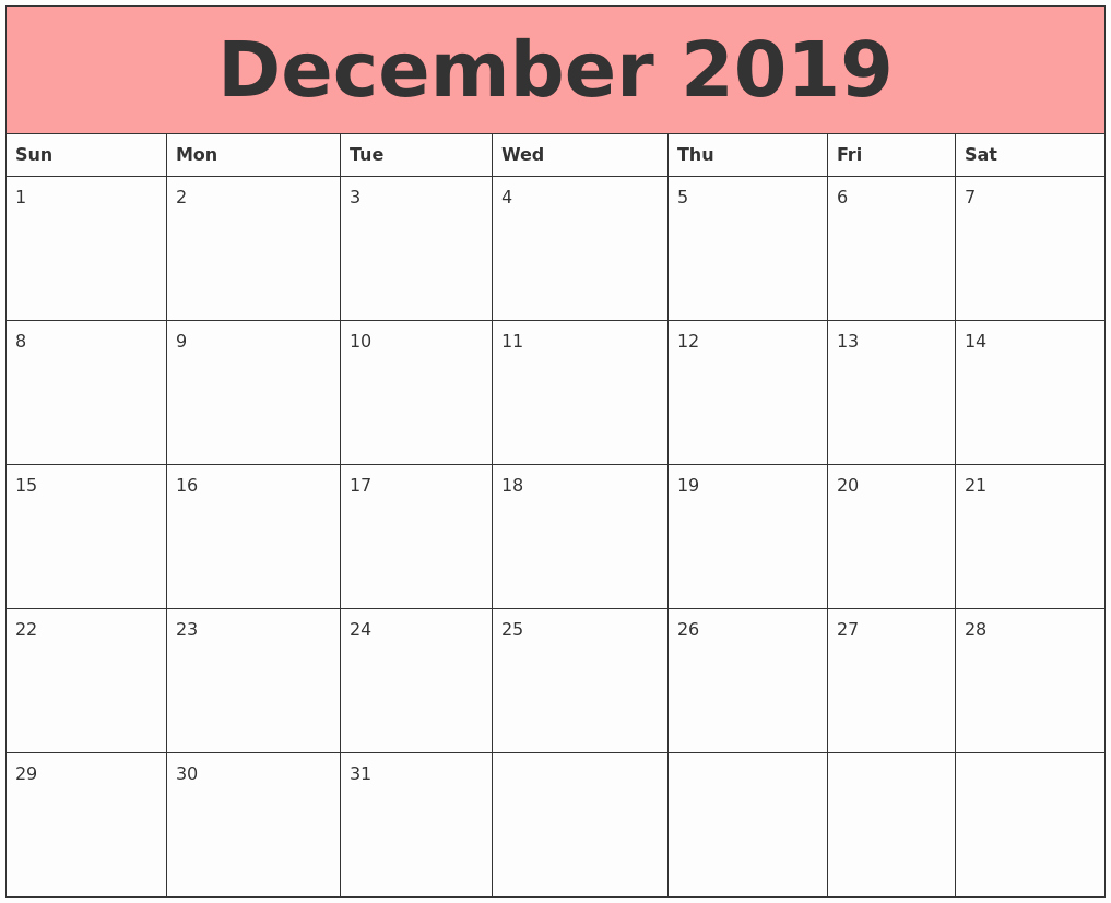 December 2019 Calendar Landscape