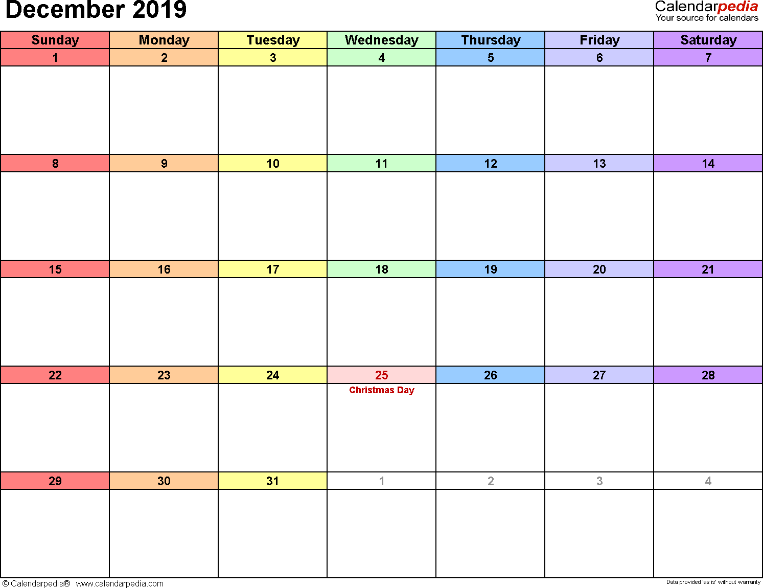 December 2019 calendar printable template