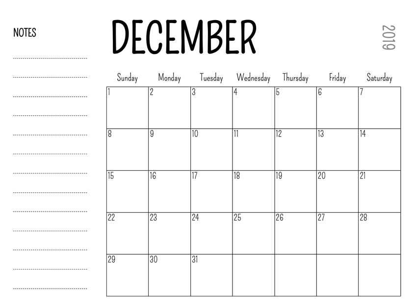 December 2019 printable calendar with space for notes