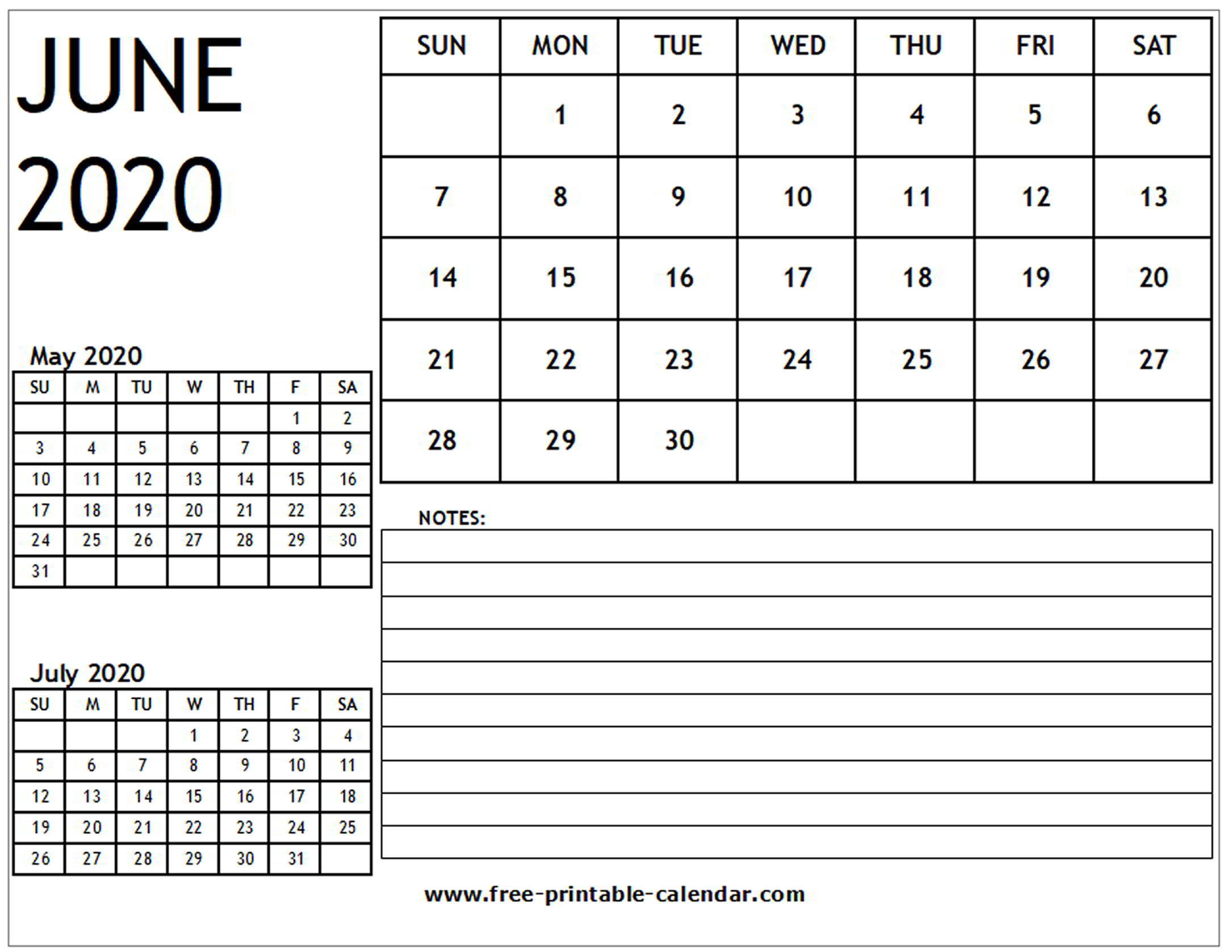 Fillable Calendar For June 2020 with Notes