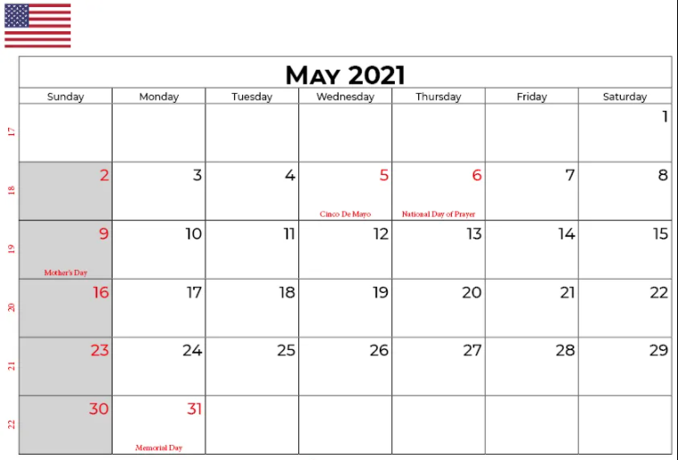 May 2021 calendar with holidays