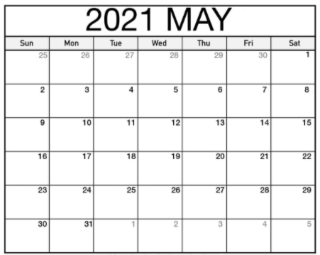 May 2021 calendar printable large space