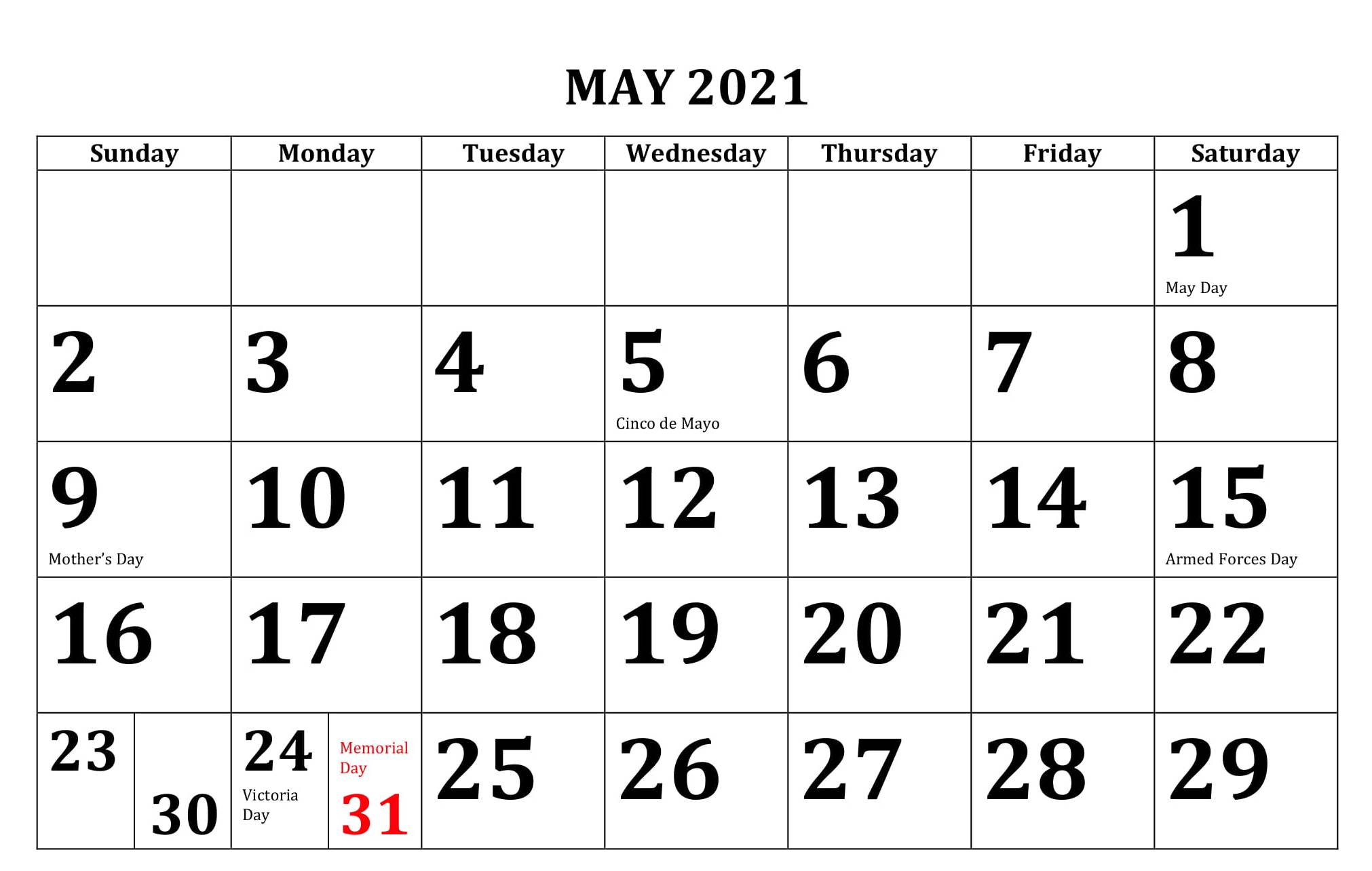 May 2021 Calendar Printable Holidays with Large Space Page