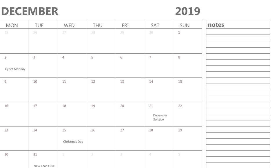 december 2019 editable calendar with notes