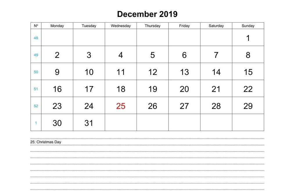 december 2019 notes calendar