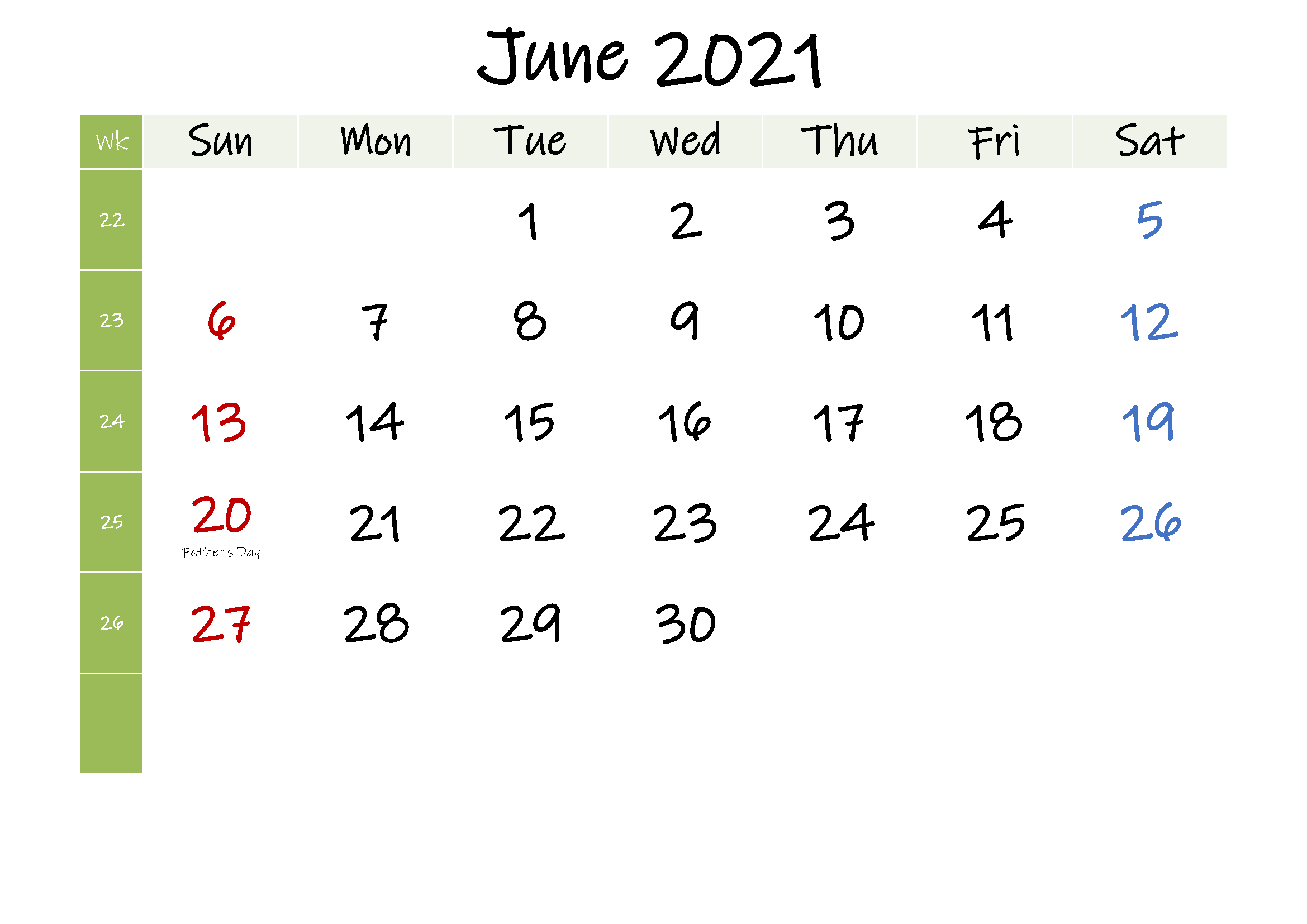 Blank June 2021 Calendar Template