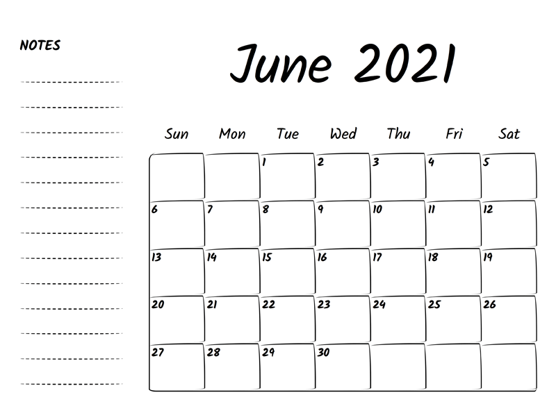 Editable June 2021 Calendar Blank with Notes 2021