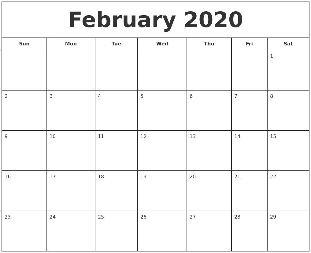 February 2020 Calendar Free Printable