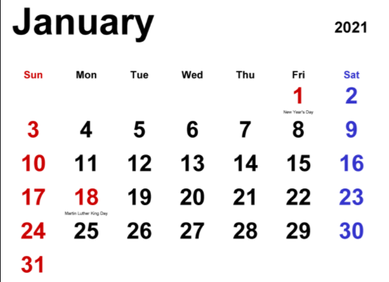 January 2021 Calendar Templates for Word, Excel and PDF