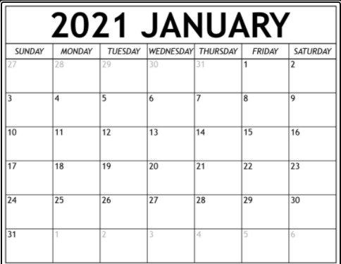 January Calendar 2021