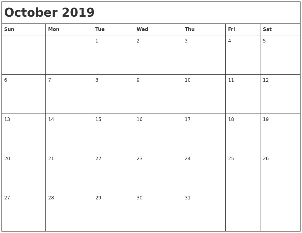 October Calendar Template Printable