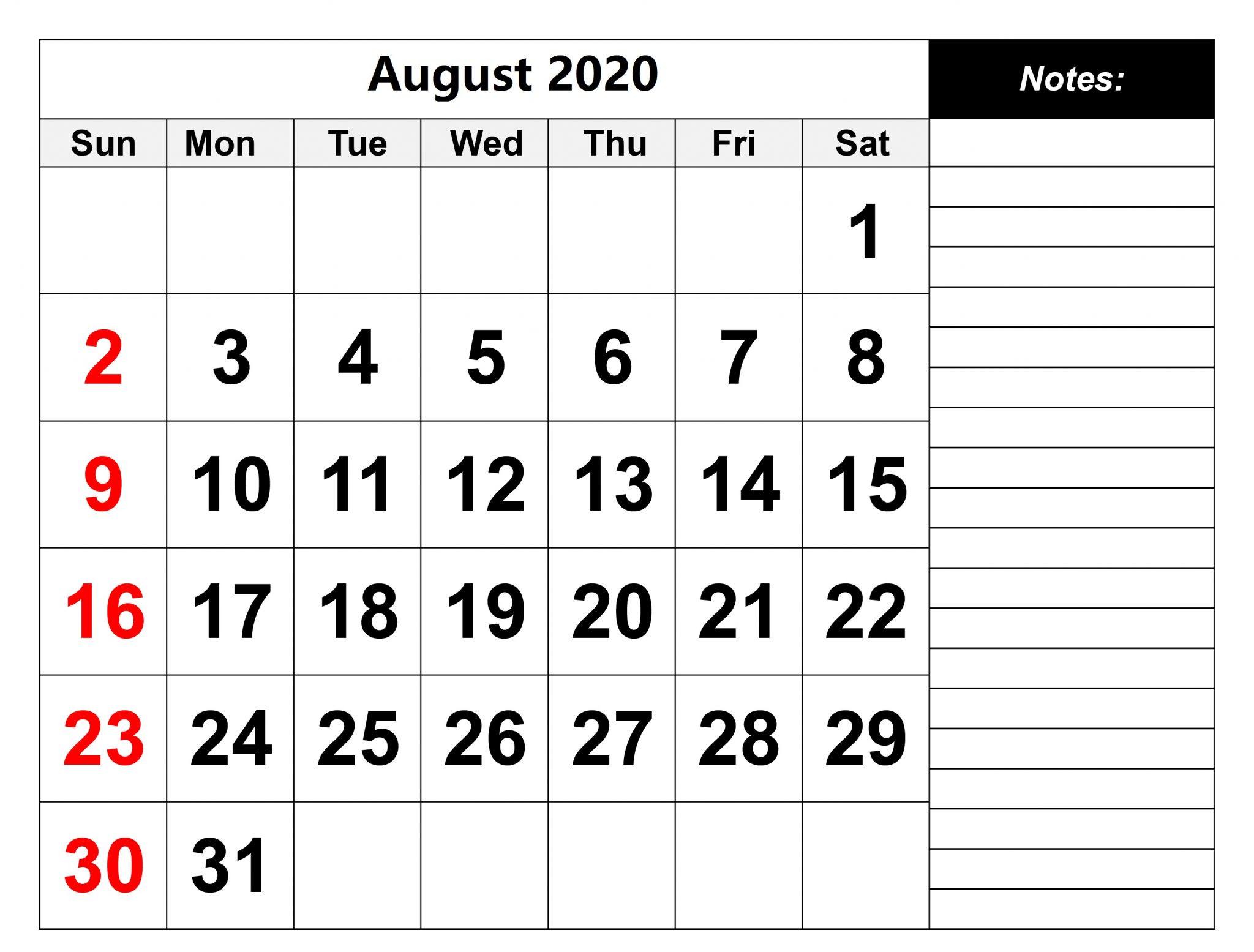 August 2020 Calendar With Notes