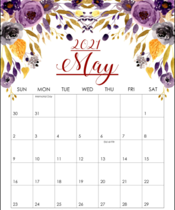 Floral May 2021 Calendar Printable