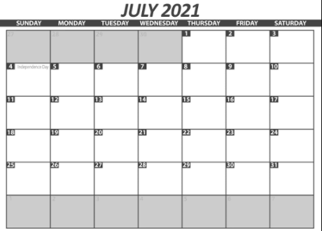 July Calendar 2021 Printable PDF