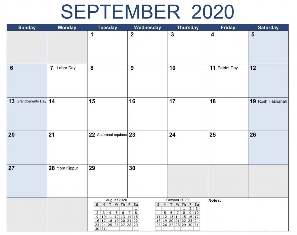 September 2020 Calendar Holidays