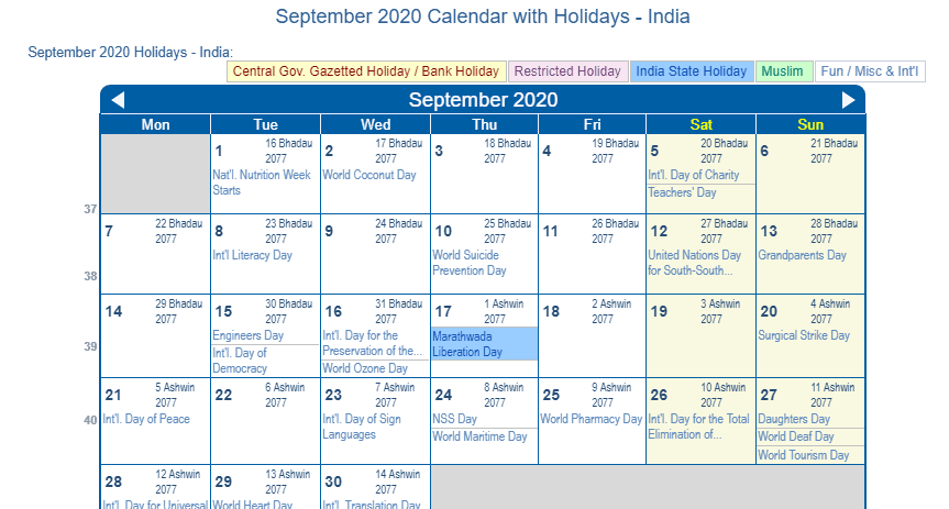 September 2020 Calendar With Holidays India