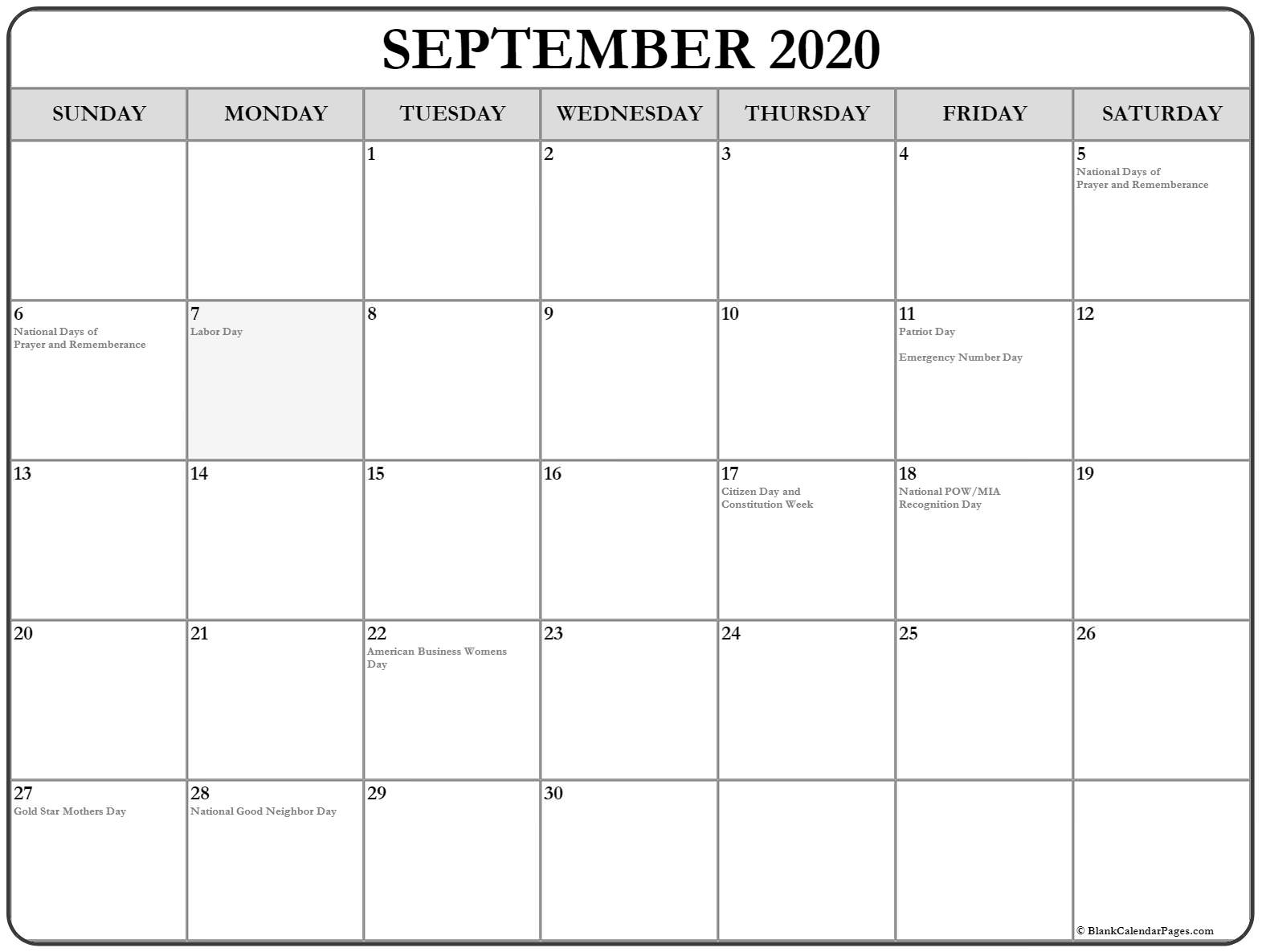 September 2020 Calendar With Holidays USA