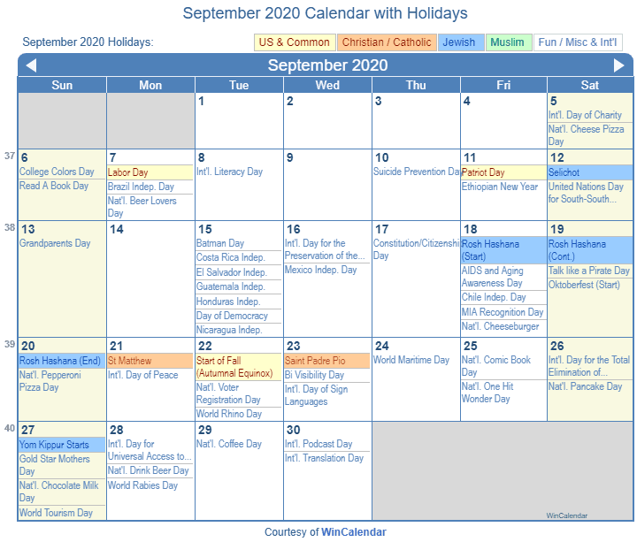 September 2020 Calendar With Holidays