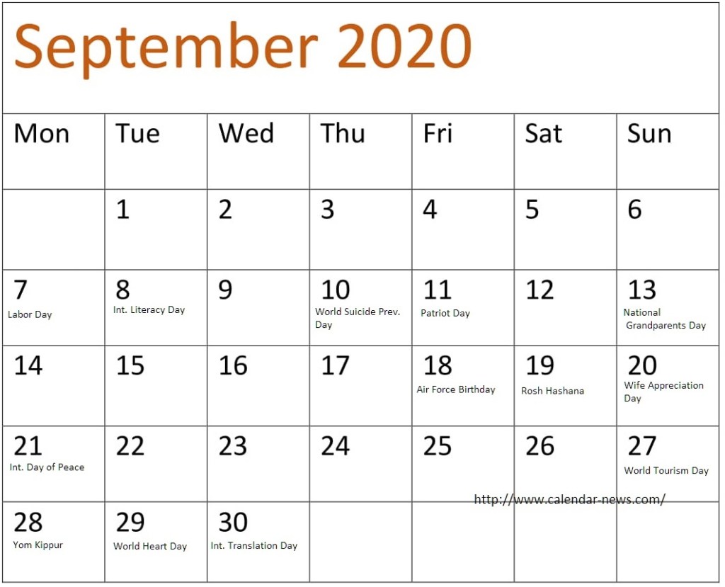 September 2020 Calendar With US Holidays