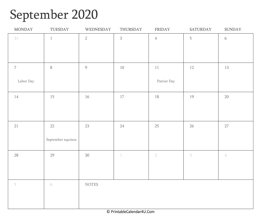september 2020 calendar holidays printable
