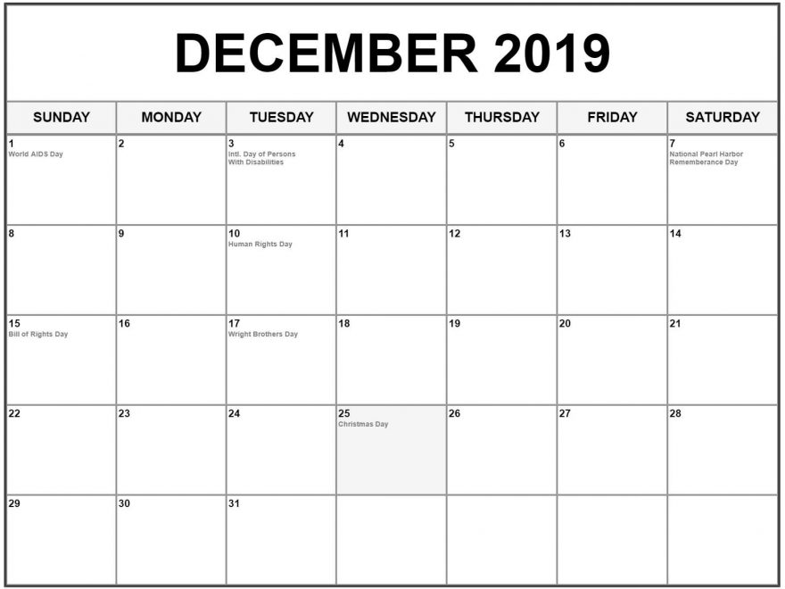 Calendar With Holidays December 2019