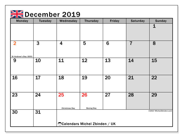 December 2019 Calendar with holidays UK