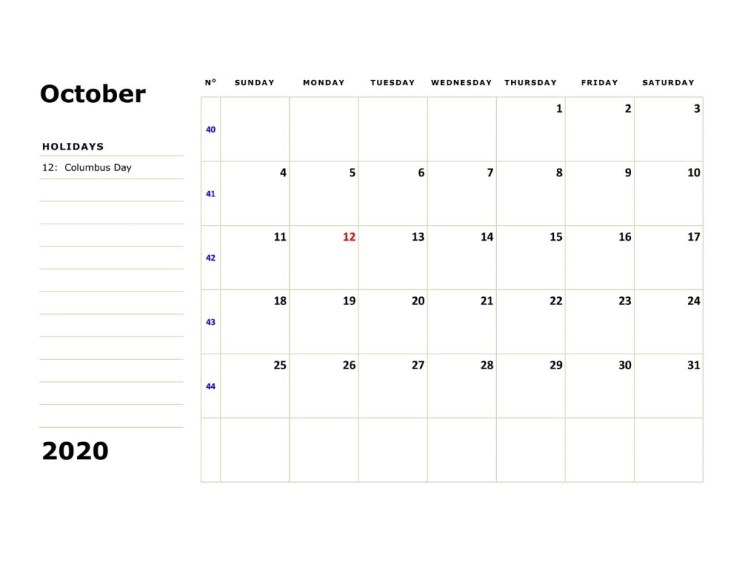 October 2020 Calendar With Festivals and Holidays