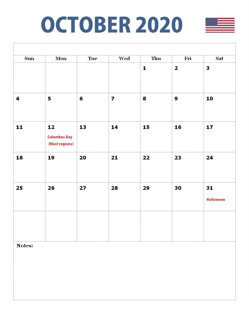 October USA Holidays 2020 Calendar