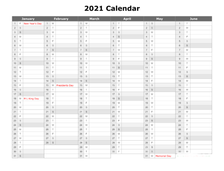 Printable Yearly 2021 Calendar Template