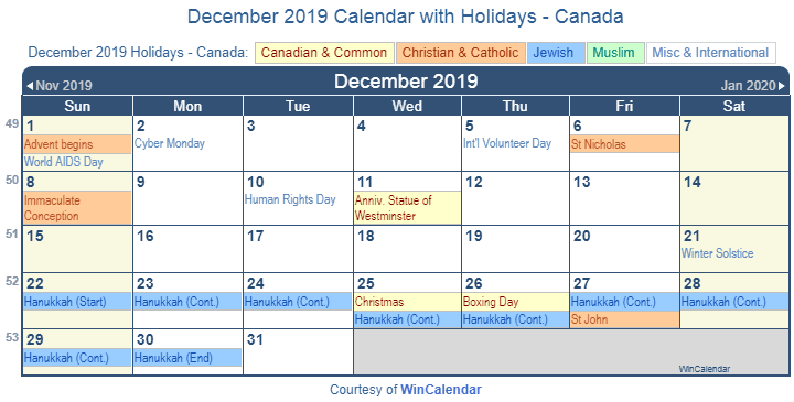 december 2019 calendar with holidays canada