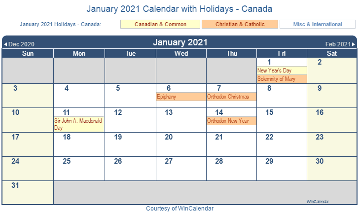 january 2021 calendar with holidays canada