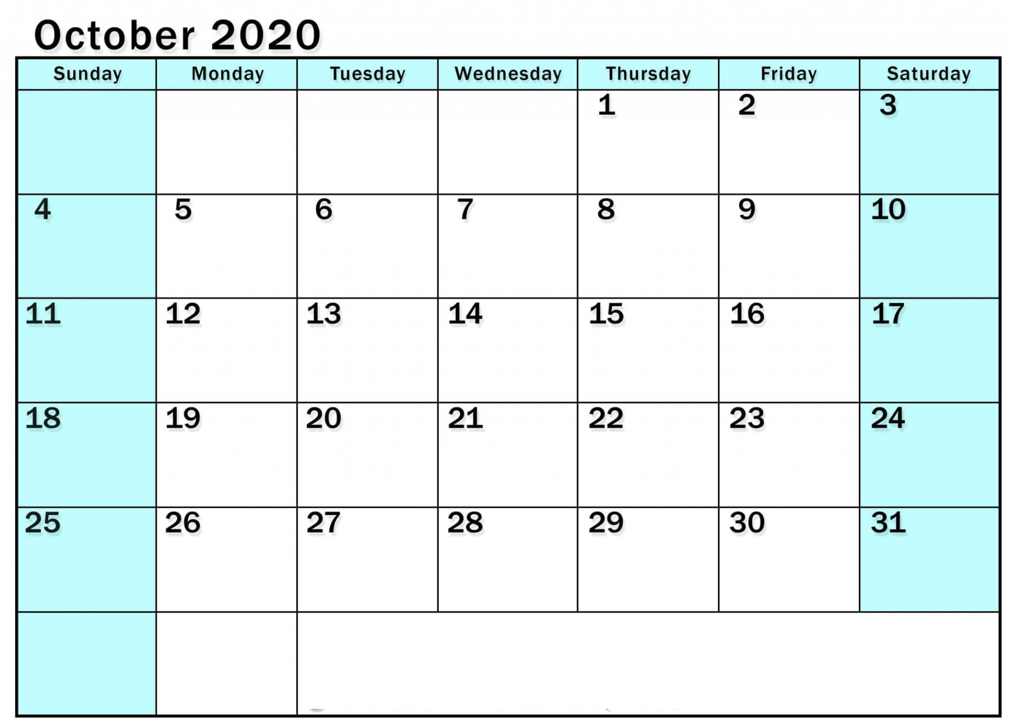 Blank Calendar October 2020 Template