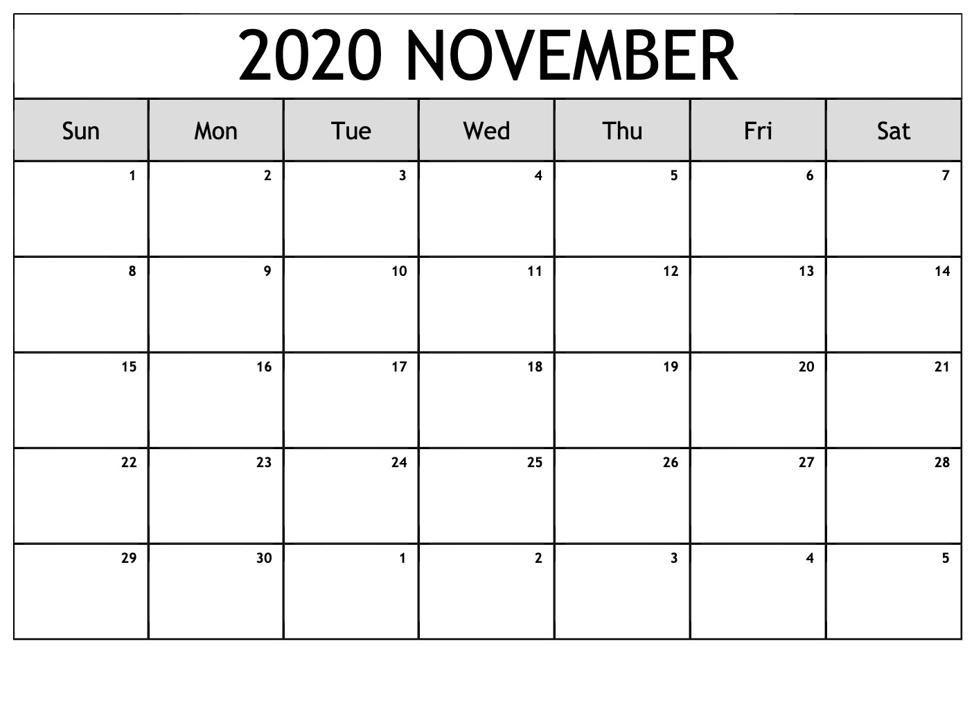 Blank November 2020 Calendar Fillable