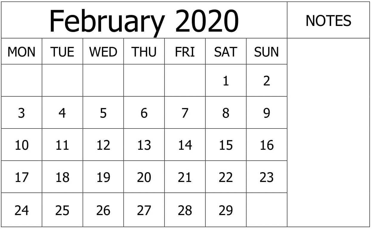 Calendar February 2020 with Notes