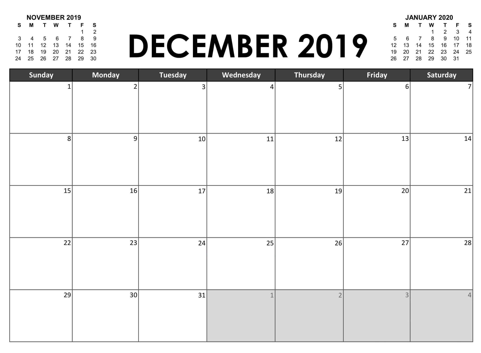 Fillable Calendar December 2019 Printable