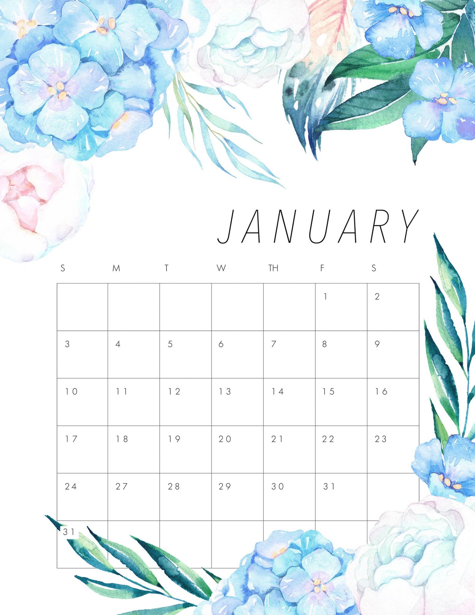 Floral January 2021 Calendar