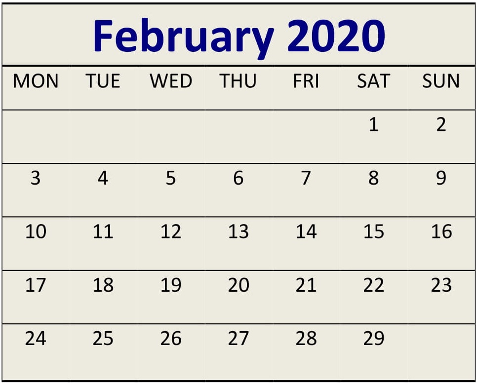 Monthly Calendar February 2020 Free Printable