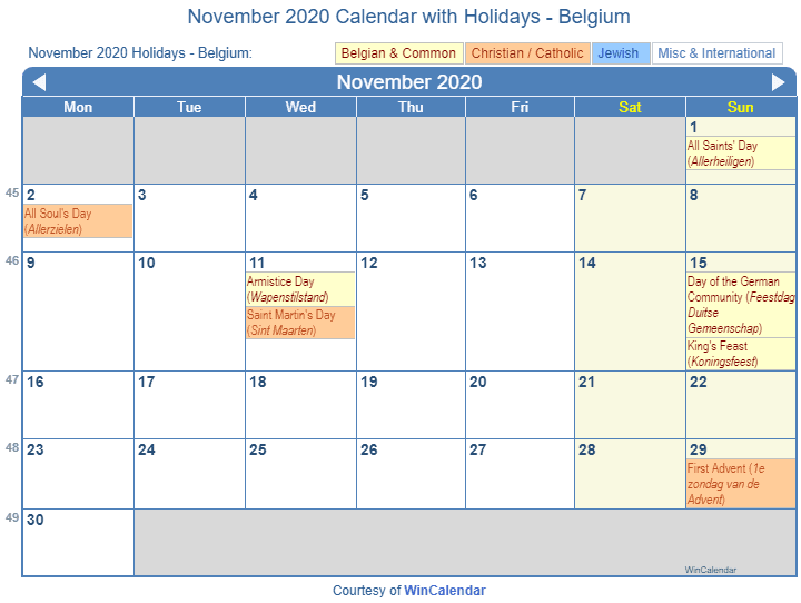 November 2020 Belgium Calendar Holidays