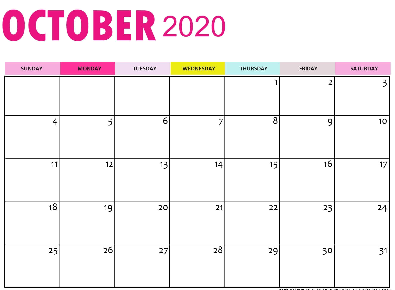 October 2020 Calendar Page