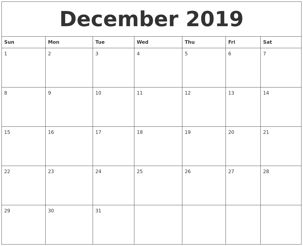 fillable calendar december 2019