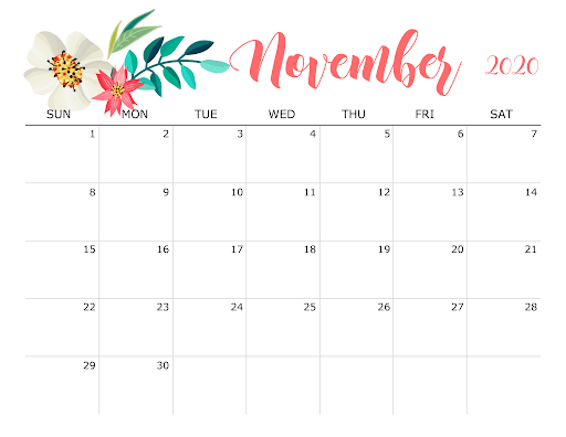 Cute November 2020 Flower Calendar
