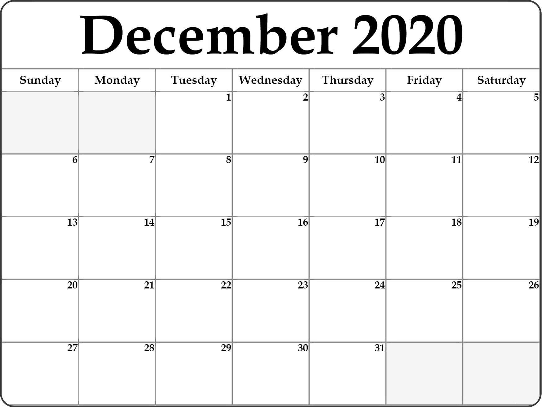 Monthly Calendar December 2020