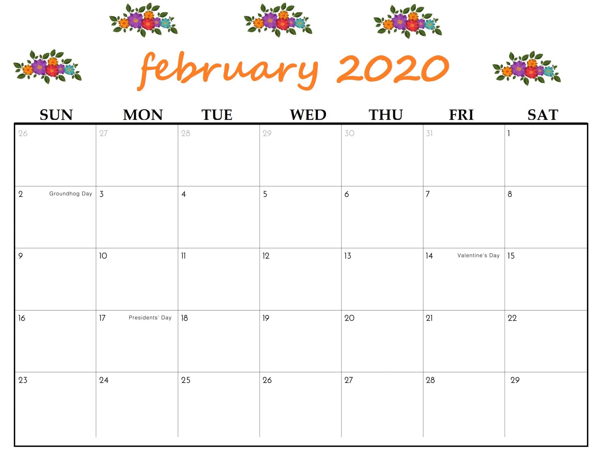 February 2020 Calendar For Kids