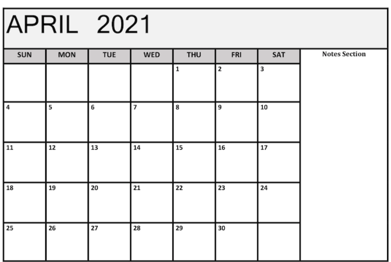 April 2021 Notes Calendar Template